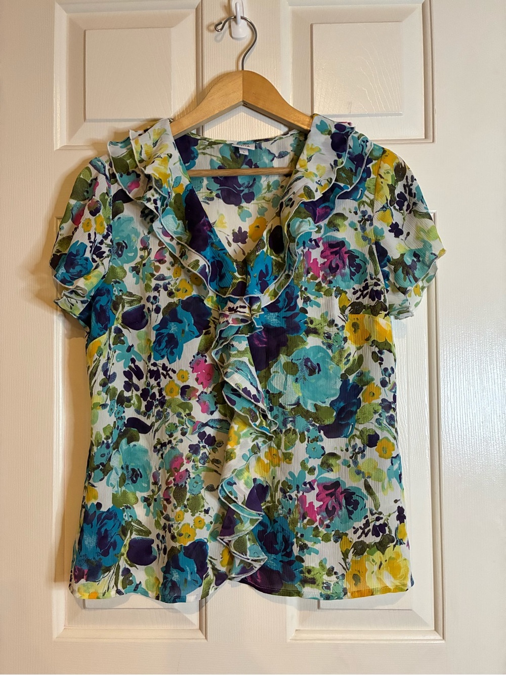 Agora Multicolor Floral Ruffle V-Neck Blouse - Teal, Navy, Yellow, Pink